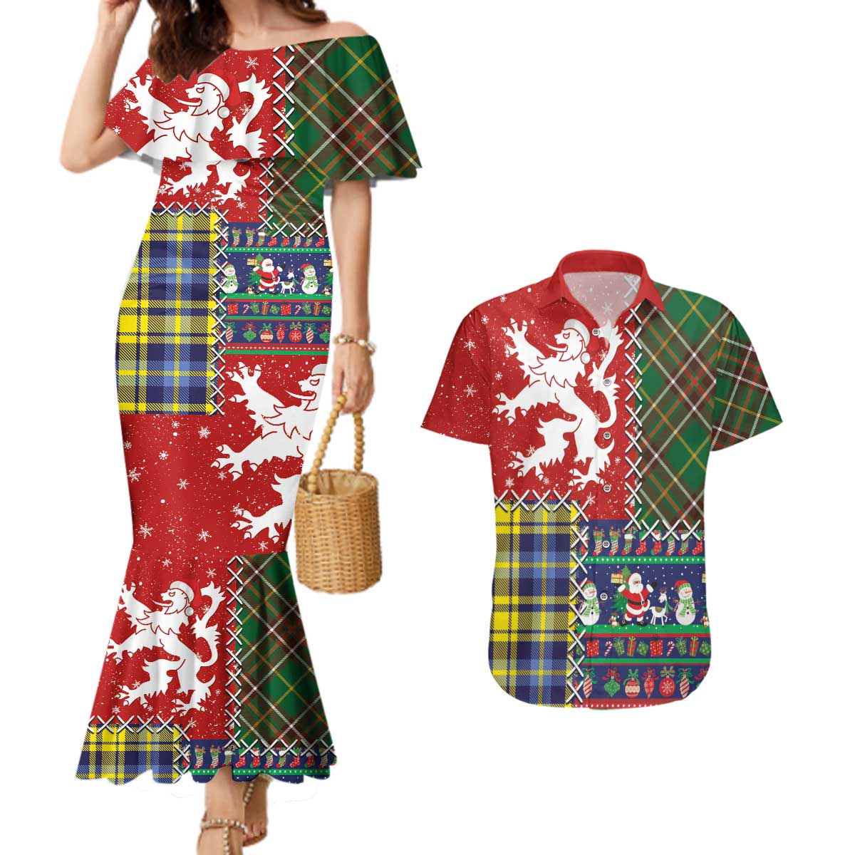 Scottish Christmas Couples Matching Mermaid Dress and Hawaiian Shirt Scotland Lion and Xmas Elements Patch Style - Wonder Print Shop