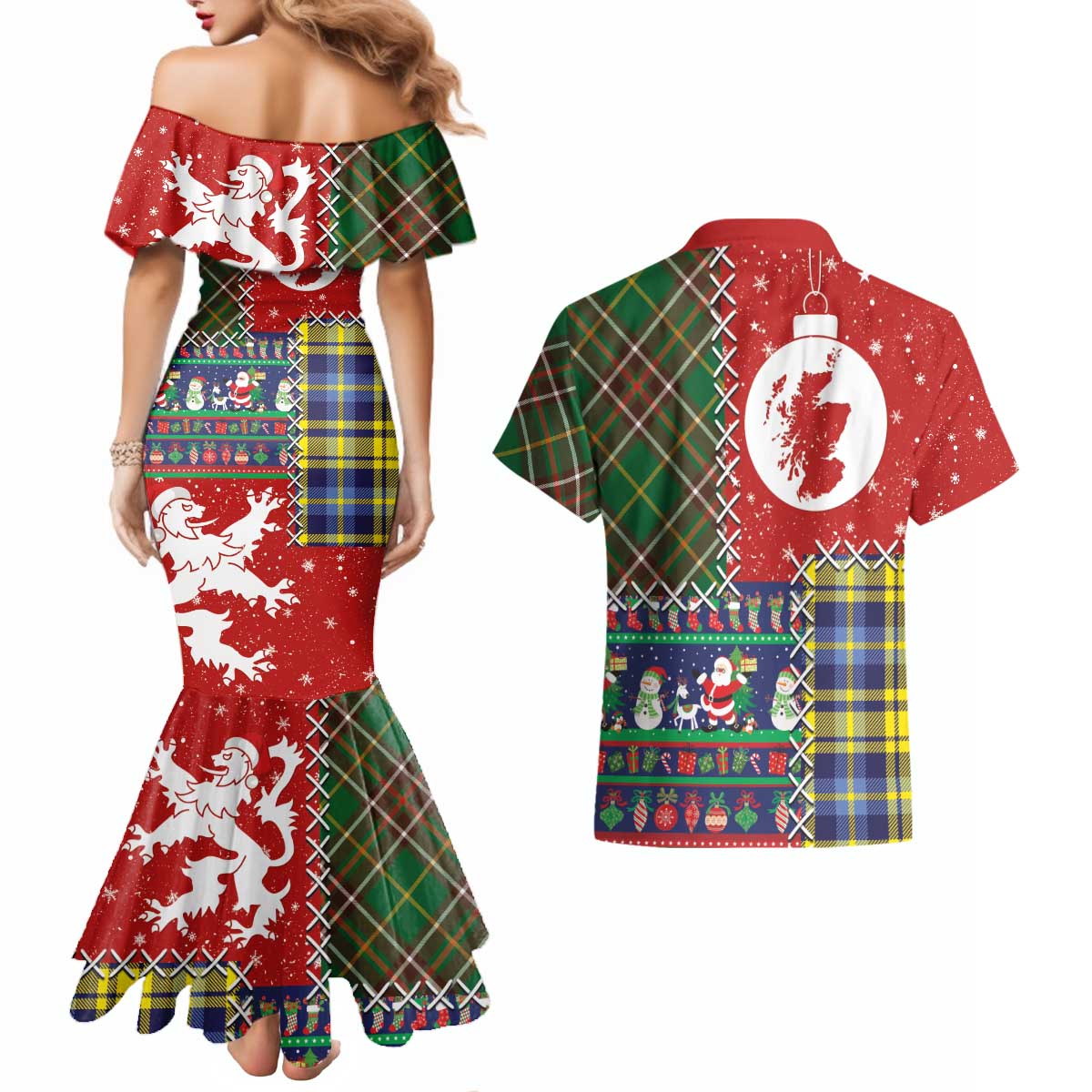 Scottish Christmas Couples Matching Mermaid Dress and Hawaiian Shirt Scotland Lion and Xmas Elements Patch Style - Wonder Print Shop