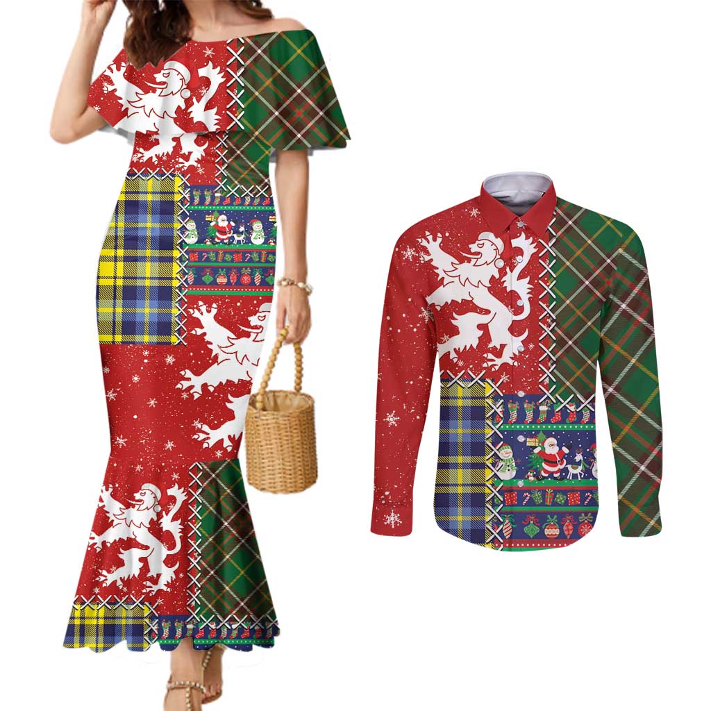 Scottish Christmas Couples Matching Mermaid Dress and Long Sleeve Button Shirt Scotland Lion and Xmas Elements Patch Style - Wonder Print Shop