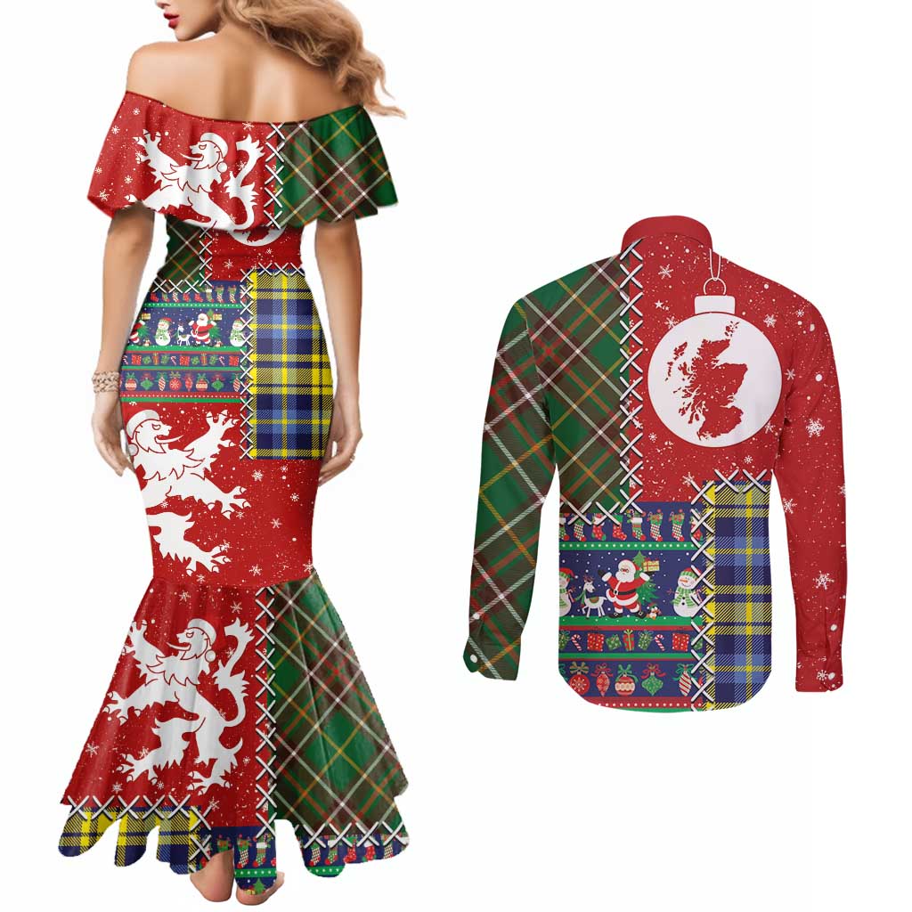 Scottish Christmas Couples Matching Mermaid Dress and Long Sleeve Button Shirt Scotland Lion and Xmas Elements Patch Style - Wonder Print Shop