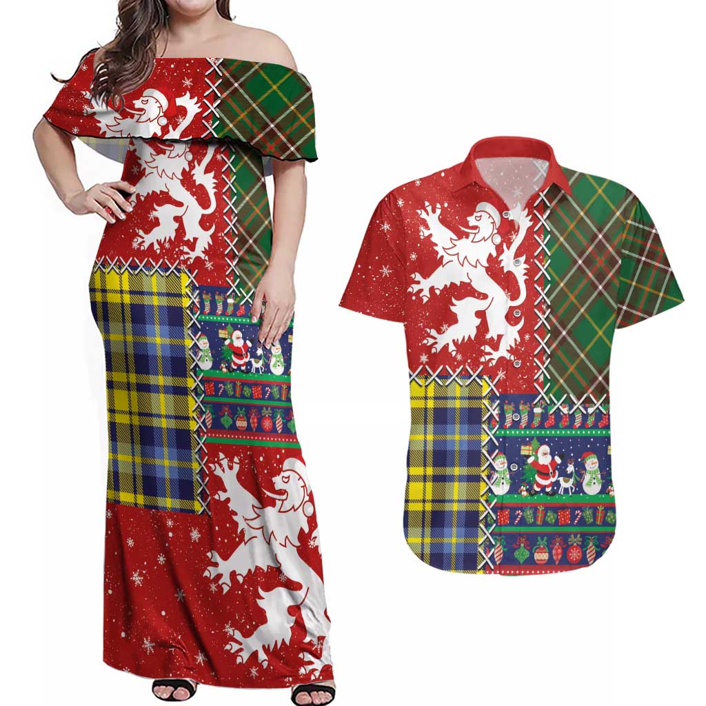 Scottish Christmas Couples Matching Off Shoulder Maxi Dress and Hawaiian Shirt Scotland Lion and Xmas Elements Patch Style - Wonder Print Shop