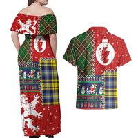 Scottish Christmas Couples Matching Off Shoulder Maxi Dress and Hawaiian Shirt Scotland Lion and Xmas Elements Patch Style - Wonder Print Shop