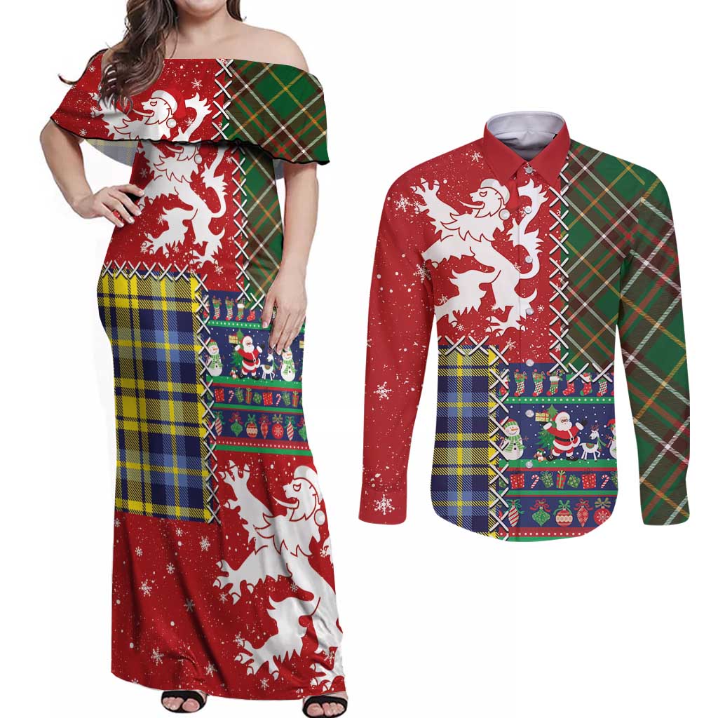 Scottish Christmas Couples Matching Off Shoulder Maxi Dress and Long Sleeve Button Shirt Scotland Lion and Xmas Elements Patch Style - Wonder Print Shop