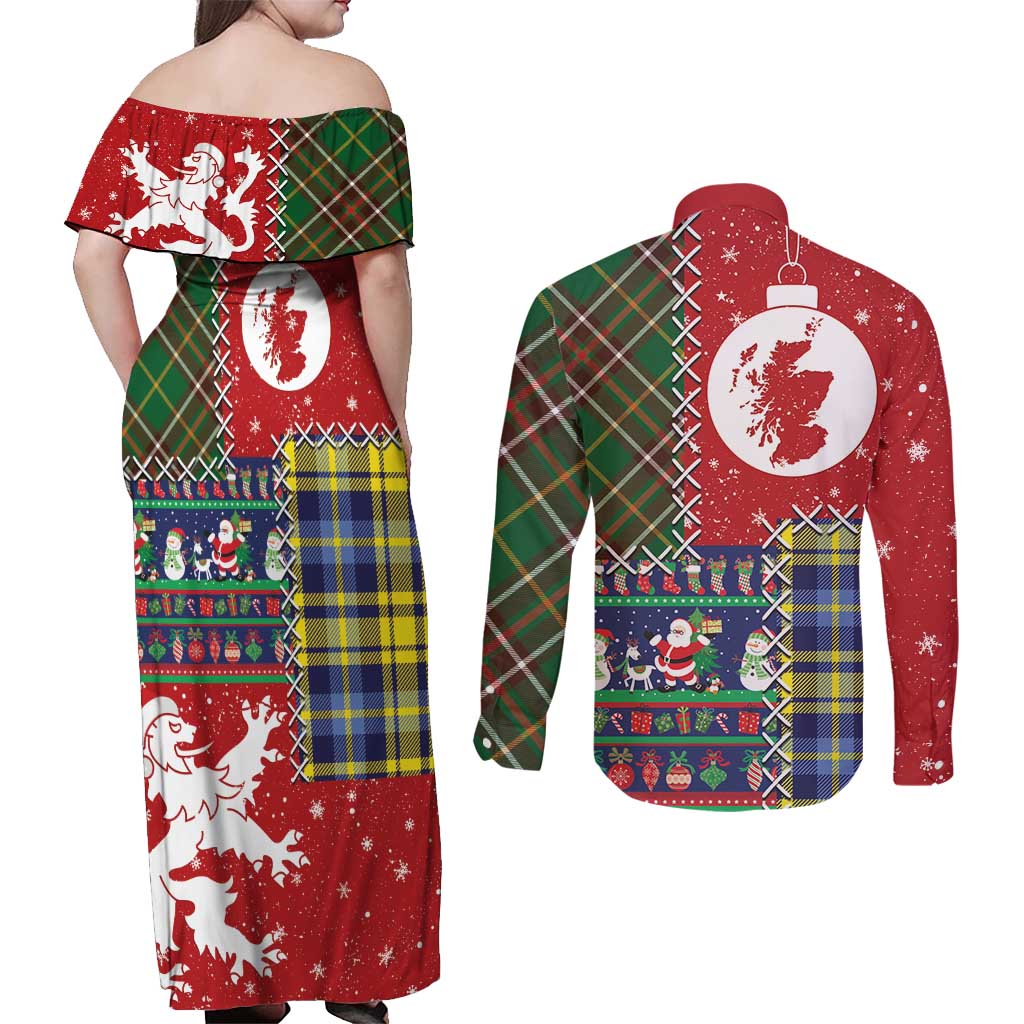 Scottish Christmas Couples Matching Off Shoulder Maxi Dress and Long Sleeve Button Shirt Scotland Lion and Xmas Elements Patch Style - Wonder Print Shop