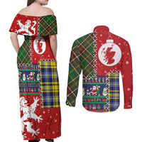 Scottish Christmas Couples Matching Off Shoulder Maxi Dress and Long Sleeve Button Shirt Scotland Lion and Xmas Elements Patch Style - Wonder Print Shop