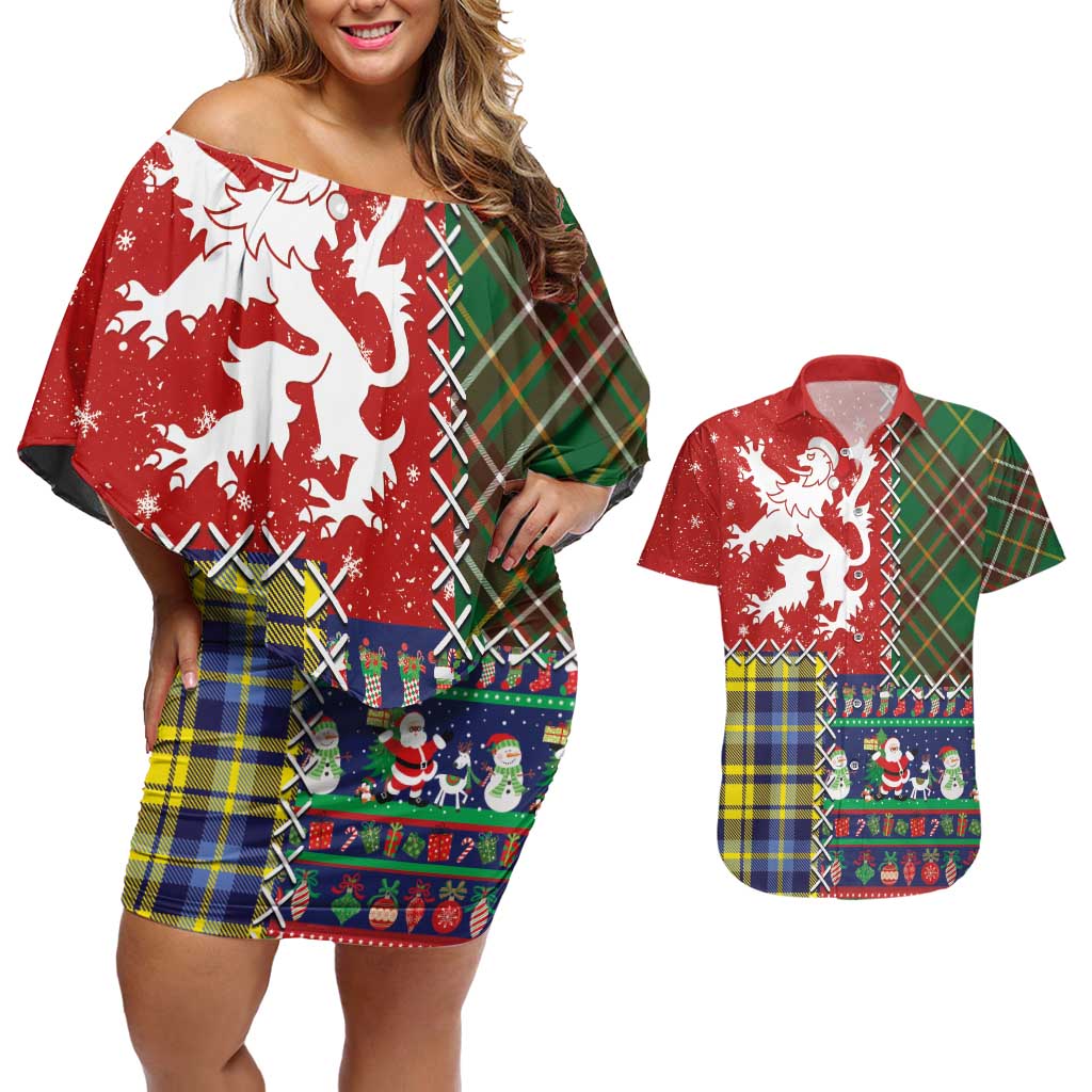 Scottish Christmas Couples Matching Off Shoulder Short Dress and Hawaiian Shirt Scotland Lion and Xmas Elements Patch Style - Wonder Print Shop