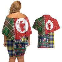 Scottish Christmas Couples Matching Off Shoulder Short Dress and Hawaiian Shirt Scotland Lion and Xmas Elements Patch Style - Wonder Print Shop