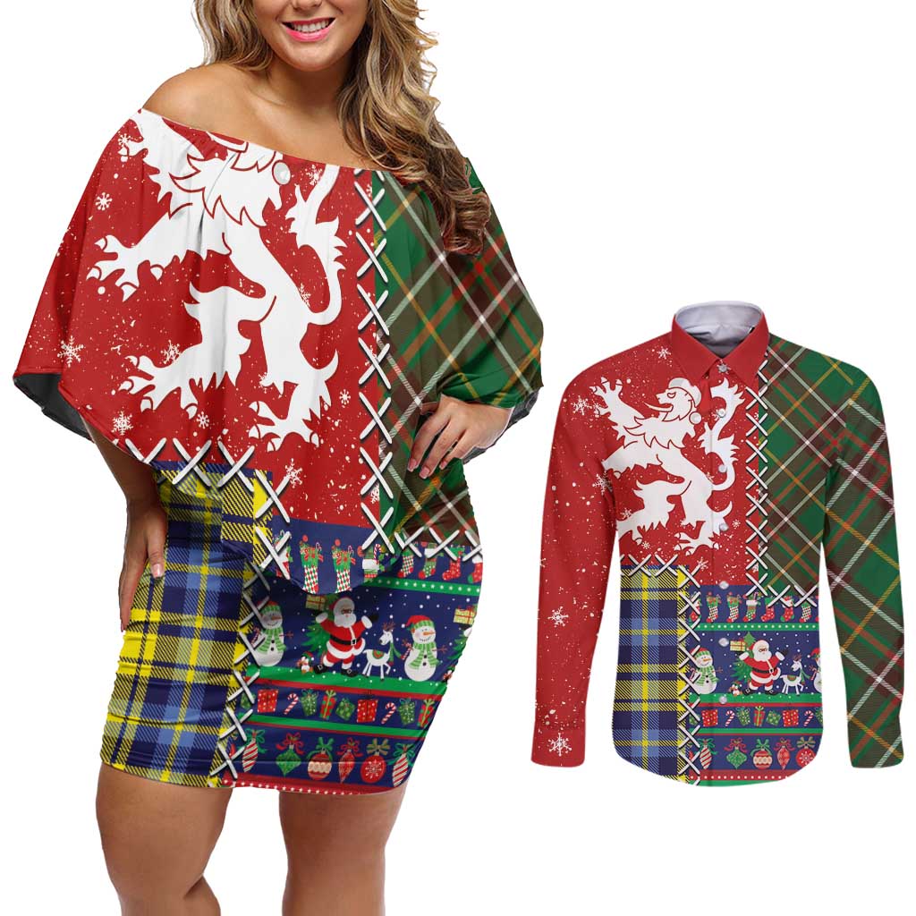 Scottish Christmas Couples Matching Off Shoulder Short Dress and Long Sleeve Button Shirt Scotland Lion and Xmas Elements Patch Style - Wonder Print Shop