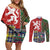 Scottish Christmas Couples Matching Off Shoulder Short Dress and Long Sleeve Button Shirt Scotland Lion and Xmas Elements Patch Style - Wonder Print Shop