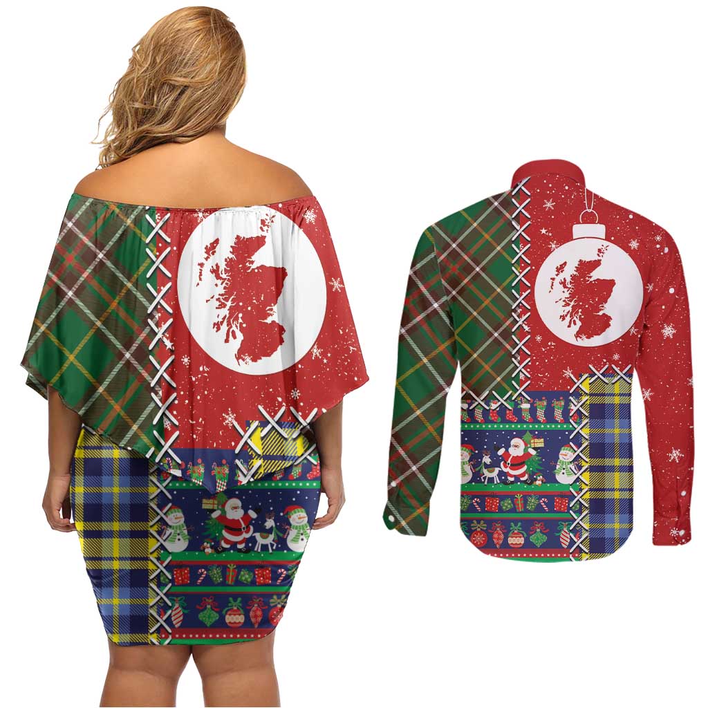 Scottish Christmas Couples Matching Off Shoulder Short Dress and Long Sleeve Button Shirt Scotland Lion and Xmas Elements Patch Style - Wonder Print Shop