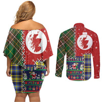 Scottish Christmas Couples Matching Off Shoulder Short Dress and Long Sleeve Button Shirt Scotland Lion and Xmas Elements Patch Style - Wonder Print Shop