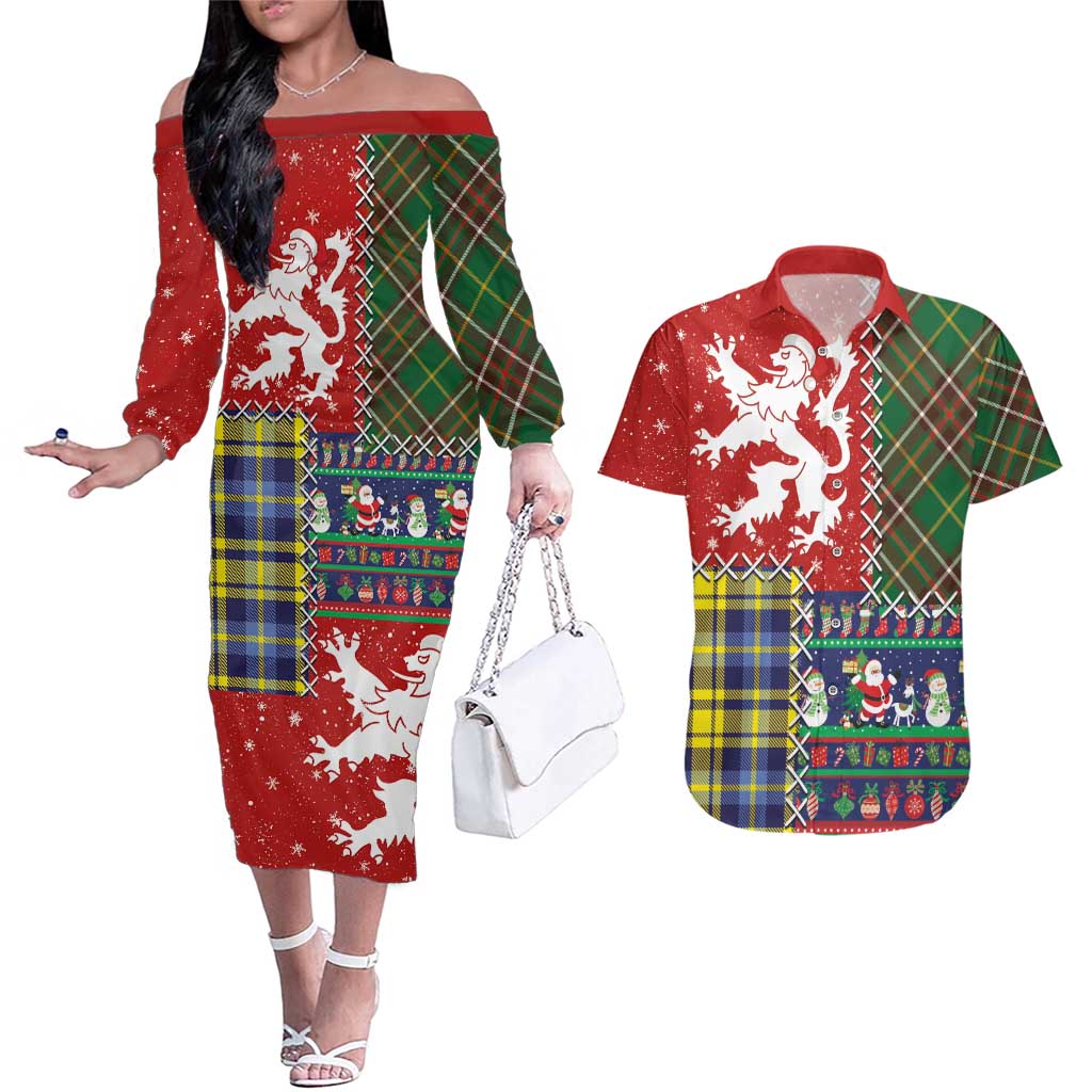 Scottish Christmas Couples Matching Off The Shoulder Long Sleeve Dress and Hawaiian Shirt Scotland Lion and Xmas Elements Patch Style - Wonder Print Shop