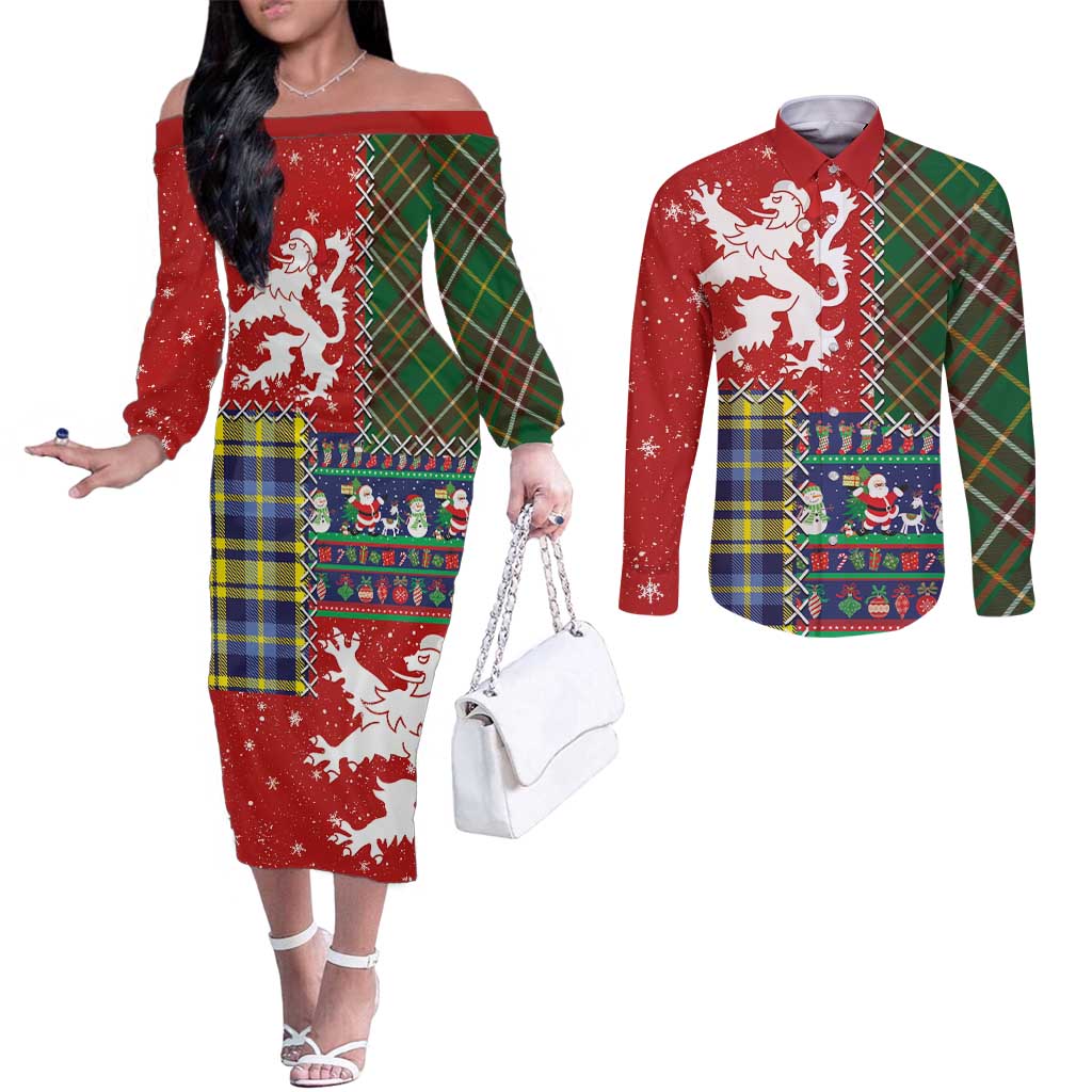 Scottish Christmas Couples Matching Off The Shoulder Long Sleeve Dress and Long Sleeve Button Shirt Scotland Lion and Xmas Elements Patch Style - Wonder Print Shop