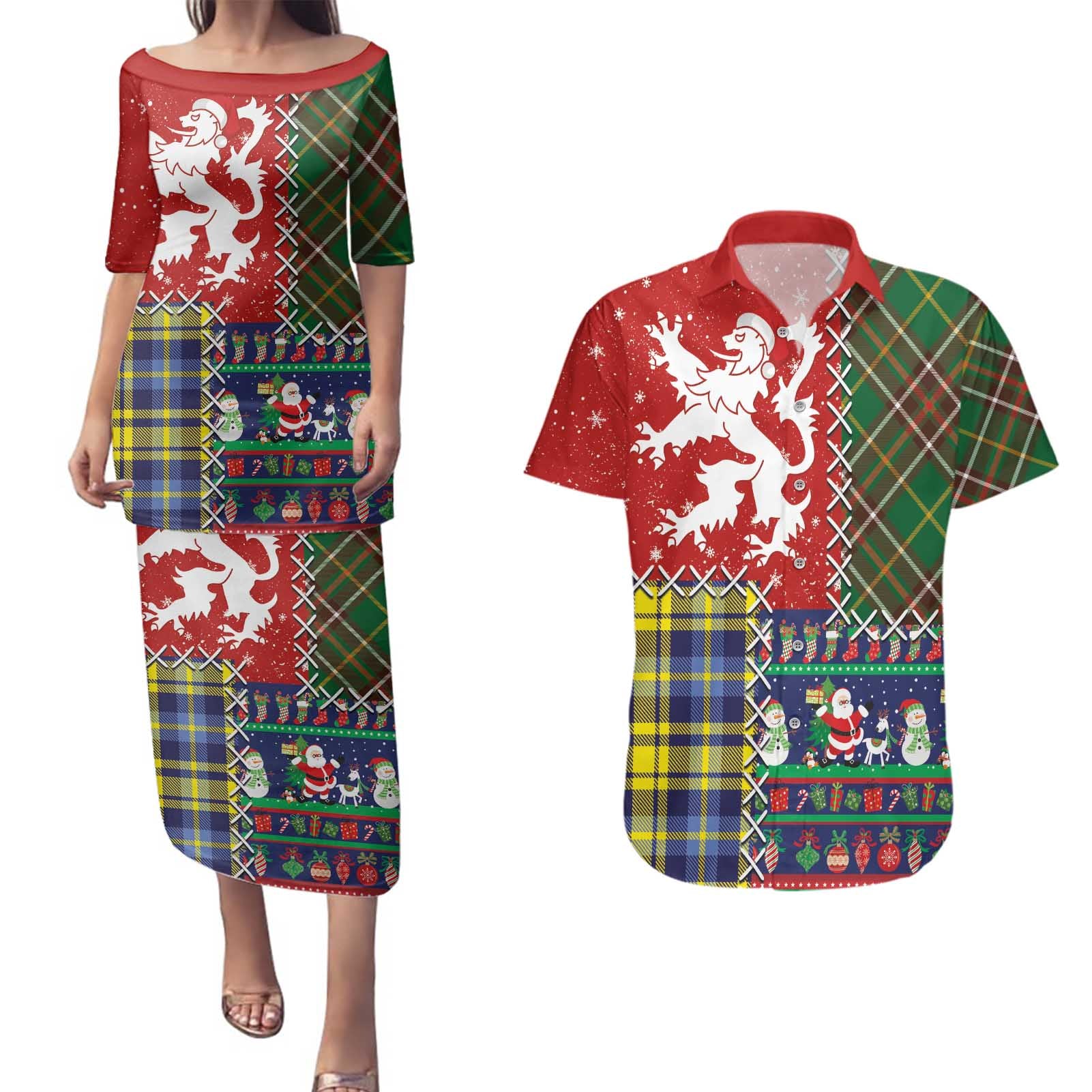 Scottish Christmas Couples Matching Puletasi and Hawaiian Shirt Scotland Lion and Xmas Elements Patch Style - Wonder Print Shop