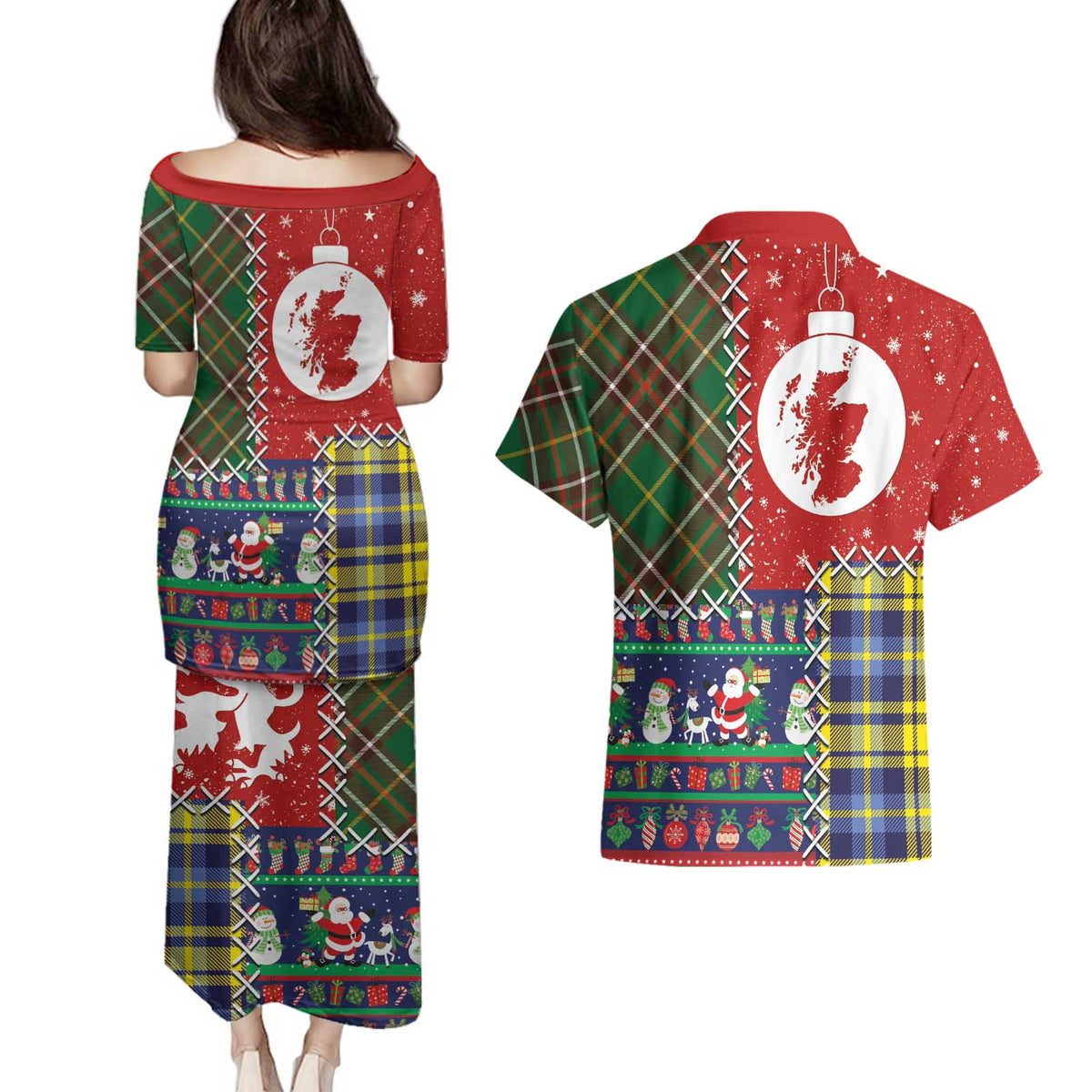 Scottish Christmas Couples Matching Puletasi and Hawaiian Shirt Scotland Lion and Xmas Elements Patch Style - Wonder Print Shop