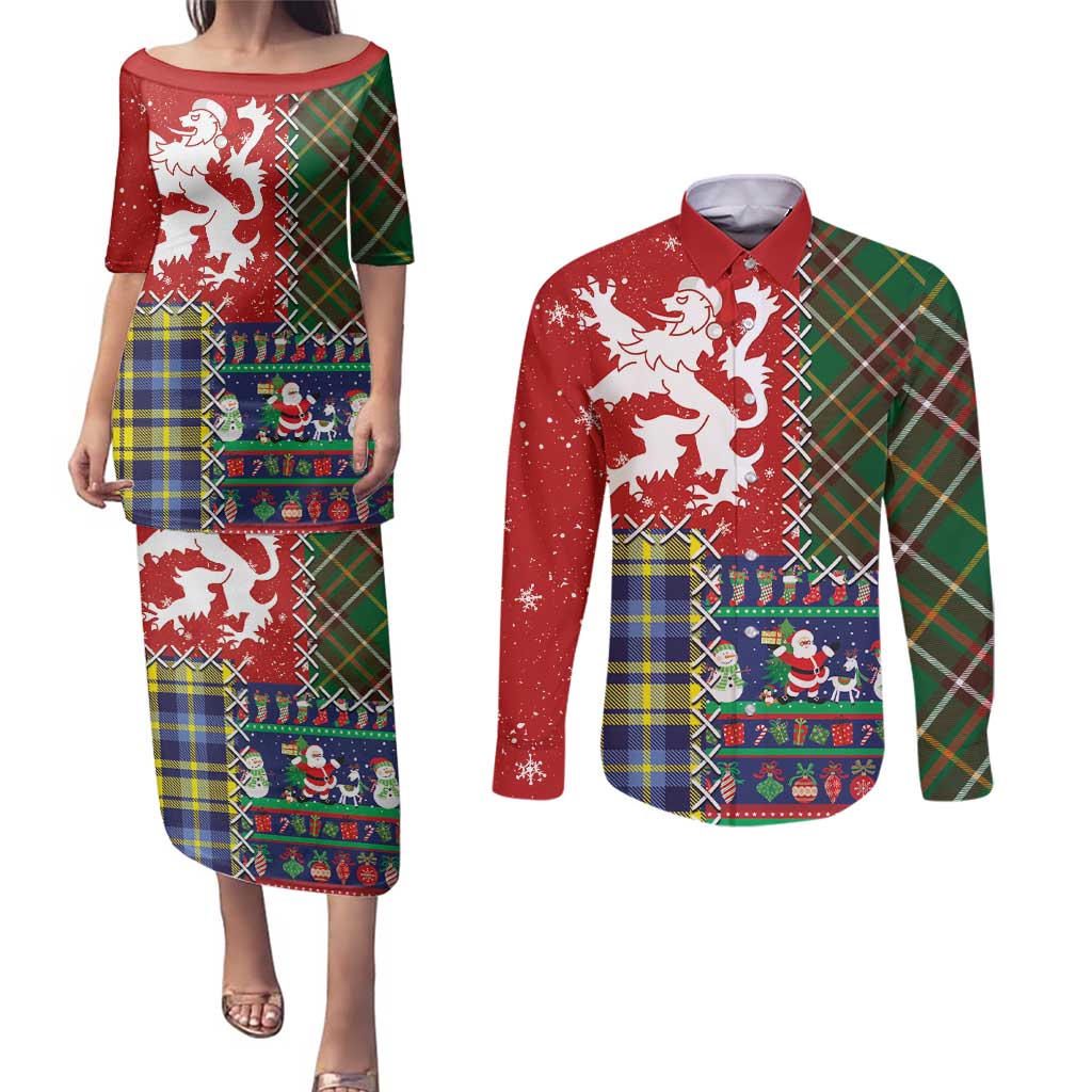Scottish Christmas Couples Matching Puletasi and Long Sleeve Button Shirt Scotland Lion and Xmas Elements Patch Style - Wonder Print Shop