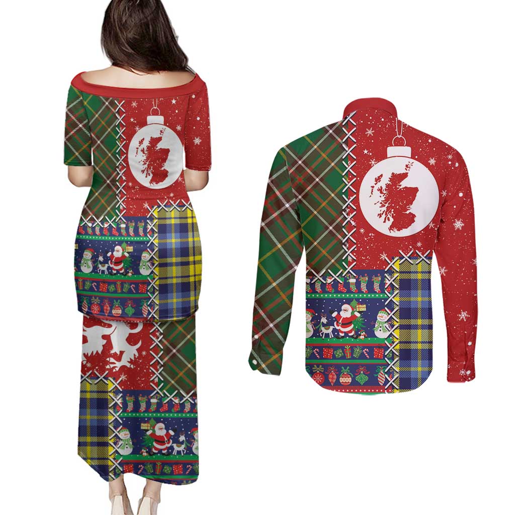 Scottish Christmas Couples Matching Puletasi and Long Sleeve Button Shirt Scotland Lion and Xmas Elements Patch Style - Wonder Print Shop