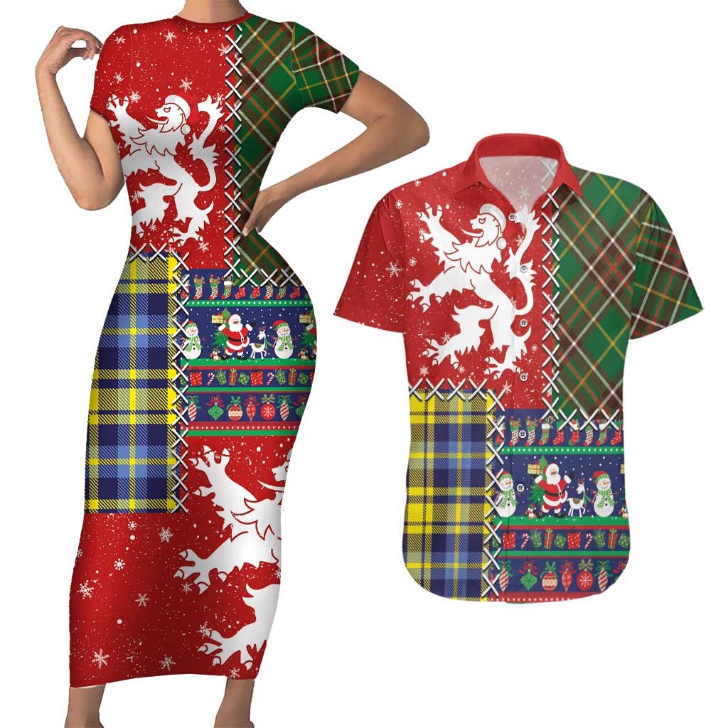 Scottish Christmas Couples Matching Short Sleeve Bodycon Dress and Hawaiian Shirt Scotland Lion and Xmas Elements Patch Style - Wonder Print Shop