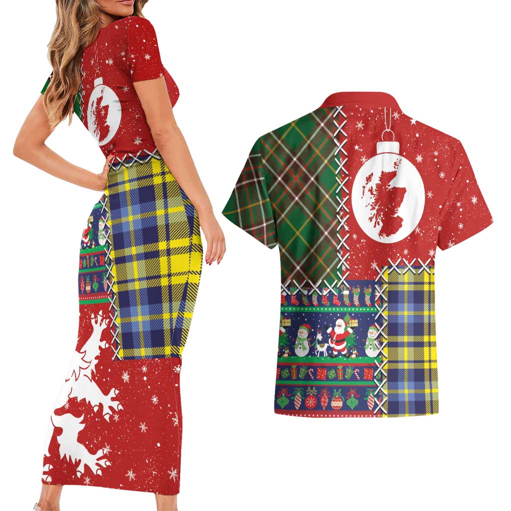 Scottish Christmas Couples Matching Short Sleeve Bodycon Dress and Hawaiian Shirt Scotland Lion and Xmas Elements Patch Style - Wonder Print Shop