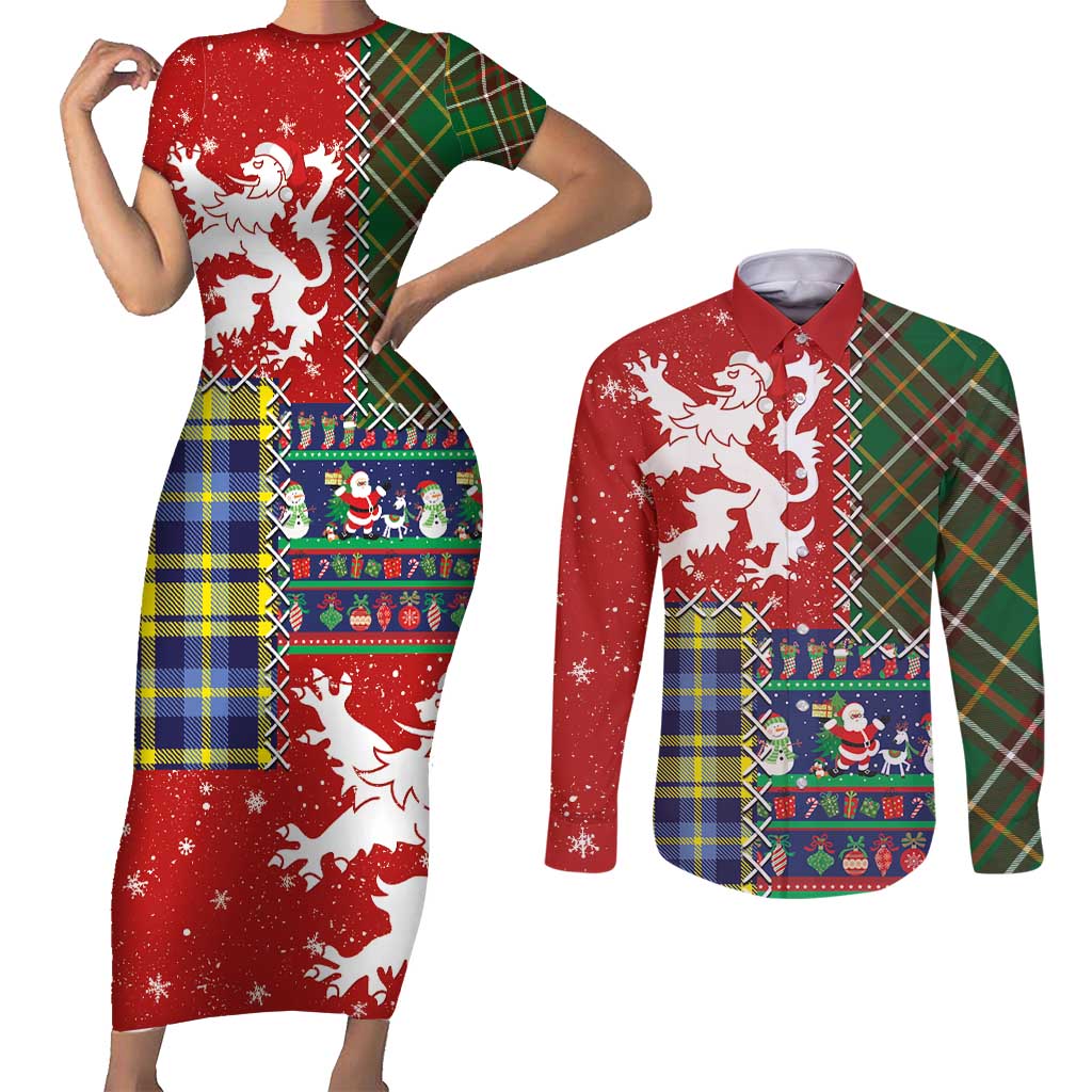 Scottish Christmas Couples Matching Short Sleeve Bodycon Dress and Long Sleeve Button Shirt Scotland Lion and Xmas Elements Patch Style - Wonder Print Shop