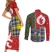 Scottish Christmas Couples Matching Short Sleeve Bodycon Dress and Long Sleeve Button Shirt Scotland Lion and Xmas Elements Patch Style - Wonder Print Shop