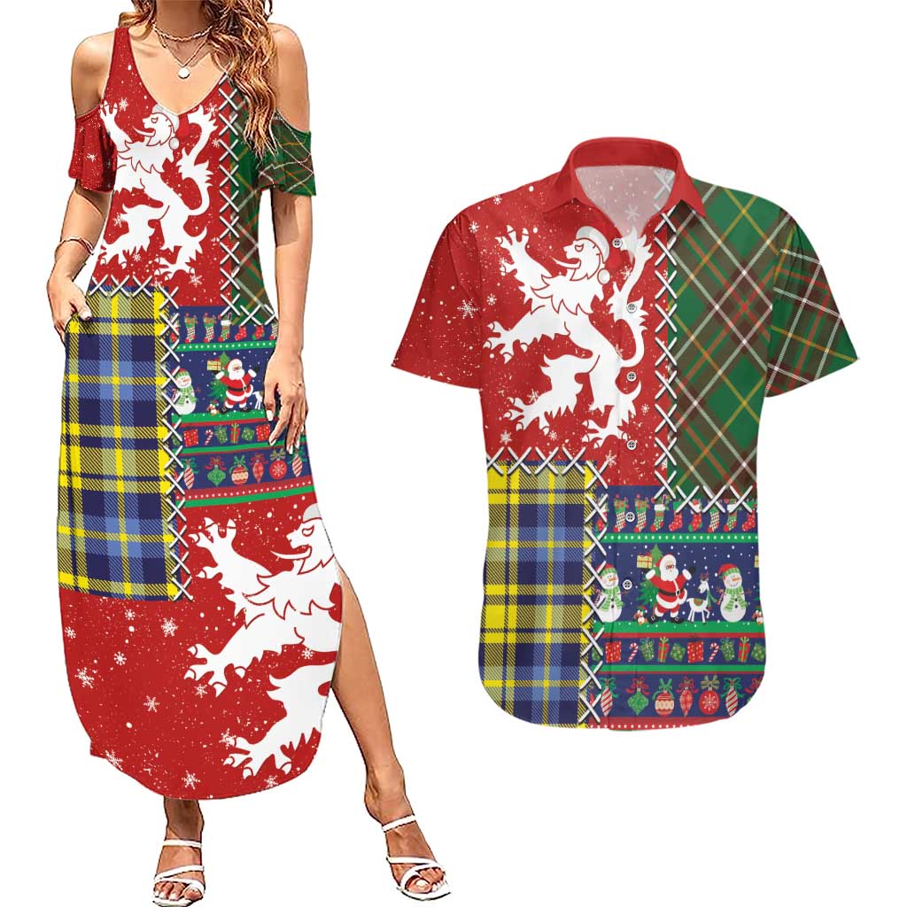 Scottish Christmas Couples Matching Summer Maxi Dress and Hawaiian Shirt Scotland Lion and Xmas Elements Patch Style - Wonder Print Shop