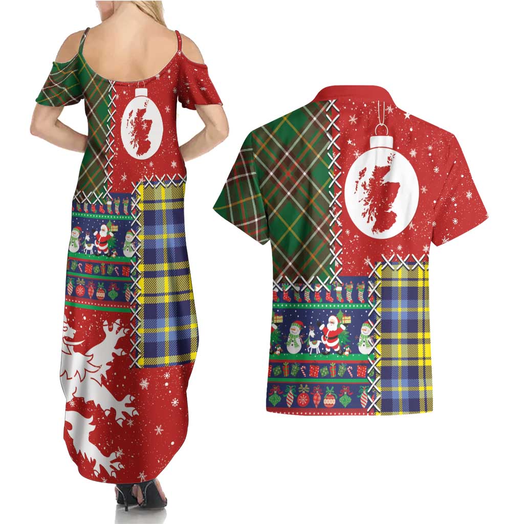 Scottish Christmas Couples Matching Summer Maxi Dress and Hawaiian Shirt Scotland Lion and Xmas Elements Patch Style - Wonder Print Shop