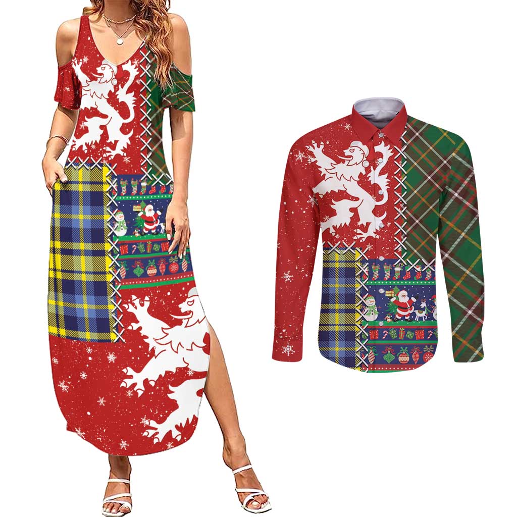 Scottish Christmas Couples Matching Summer Maxi Dress and Long Sleeve Button Shirt Scotland Lion and Xmas Elements Patch Style - Wonder Print Shop