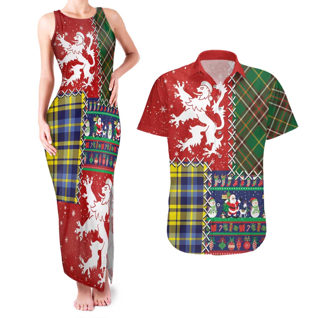 Scottish Christmas Couples Matching Tank Maxi Dress and Hawaiian Shirt Scotland Lion and Xmas Elements Patch Style - Wonder Print Shop