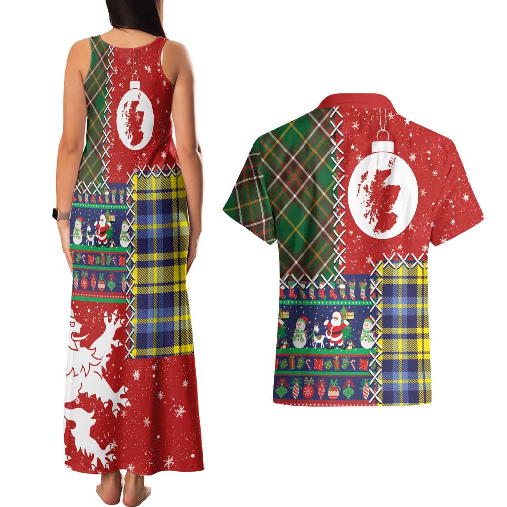 Scottish Christmas Couples Matching Tank Maxi Dress and Hawaiian Shirt Scotland Lion and Xmas Elements Patch Style - Wonder Print Shop