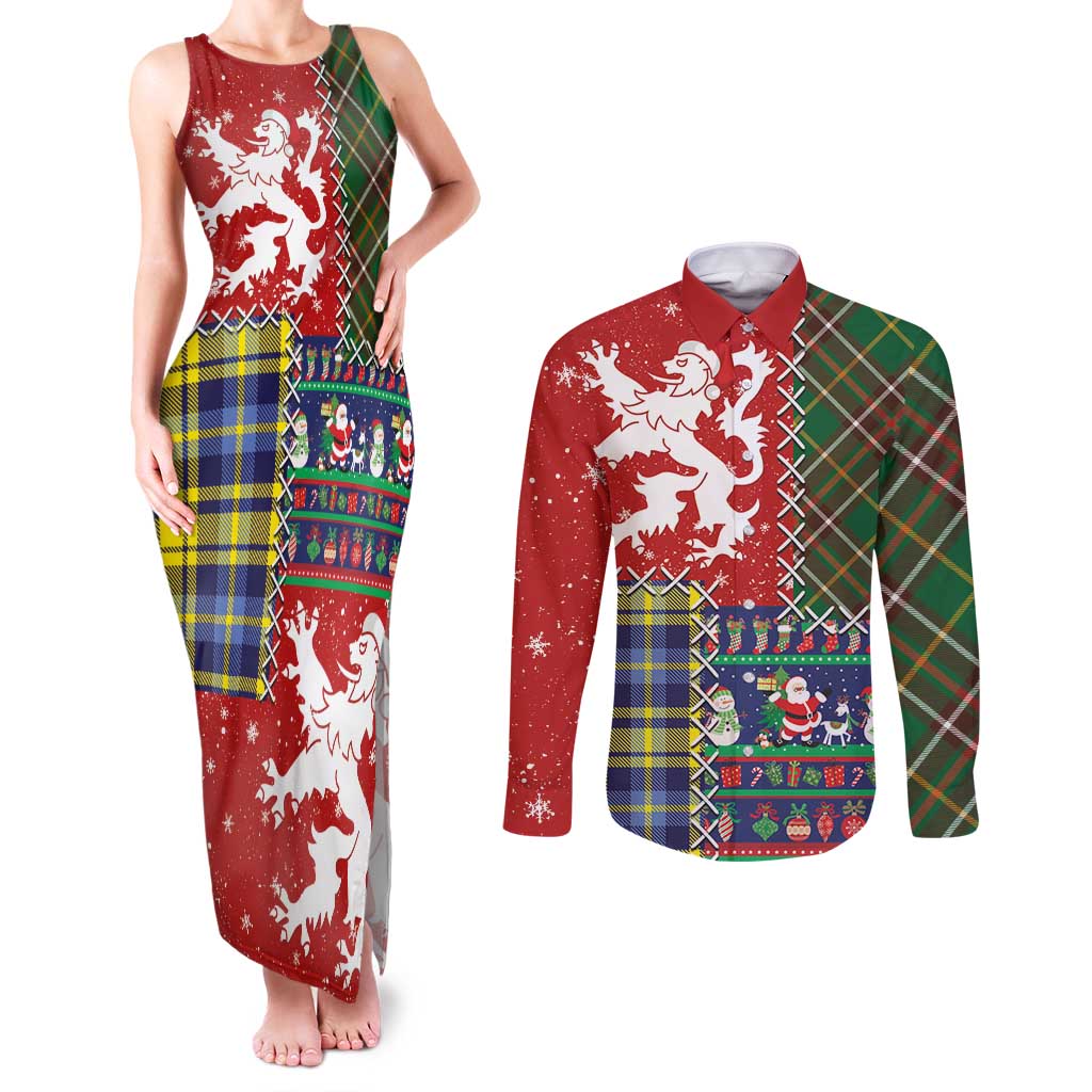 Scottish Christmas Couples Matching Tank Maxi Dress and Long Sleeve Button Shirt Scotland Lion and Xmas Elements Patch Style - Wonder Print Shop