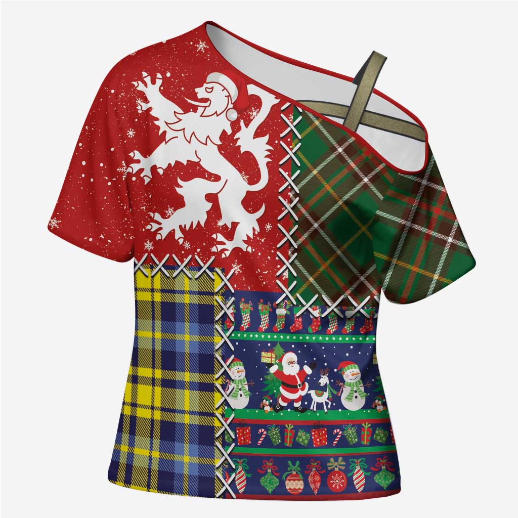 Scottish Christmas Cross Shoulder Shirt Scotland Lion and Xmas Elements Patch Style - Wonder Print Shop