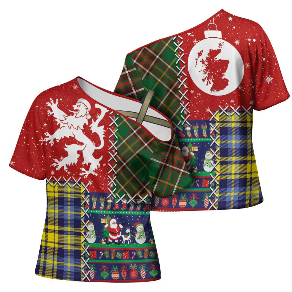 Scottish Christmas Cross Shoulder Shirt Scotland Lion and Xmas Elements Patch Style - Wonder Print Shop