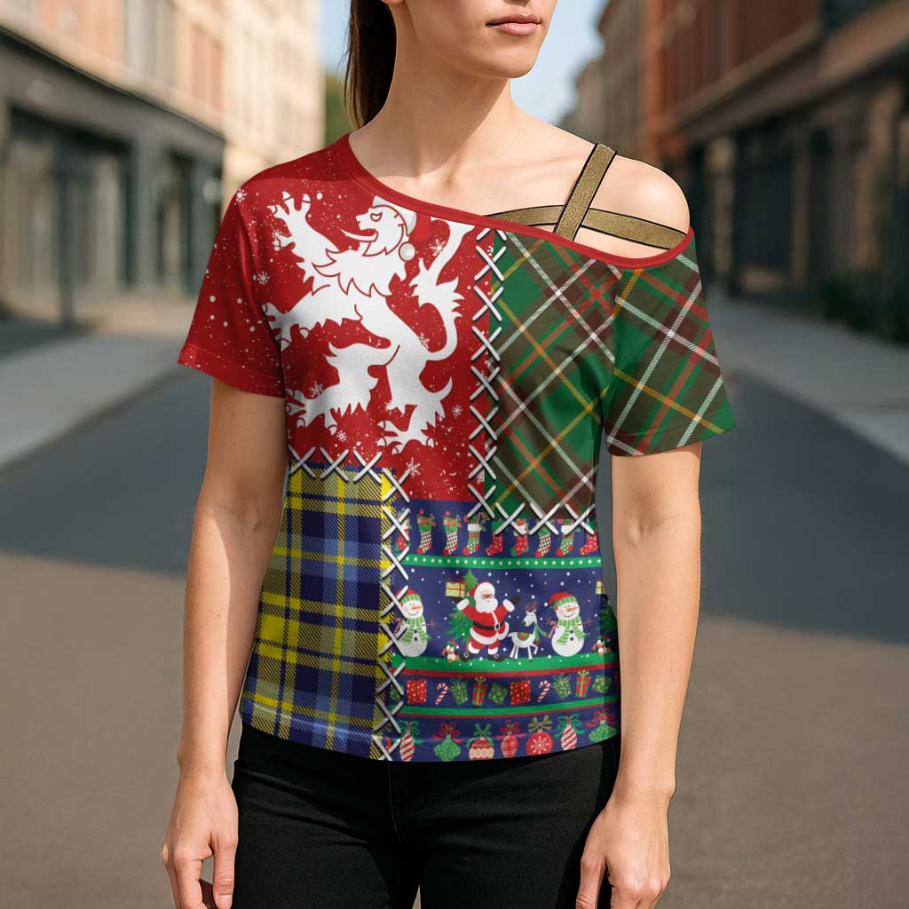 Scottish Christmas Cross Shoulder Shirt Scotland Lion and Xmas Elements Patch Style - Wonder Print Shop