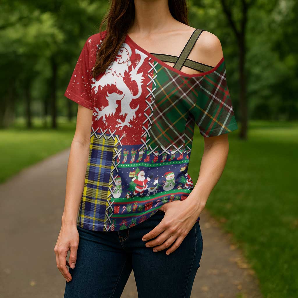 Scottish Christmas Cross Shoulder Shirt Scotland Lion and Xmas Elements Patch Style - Wonder Print Shop