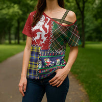 Scottish Christmas Cross Shoulder Shirt Scotland Lion and Xmas Elements Patch Style - Wonder Print Shop