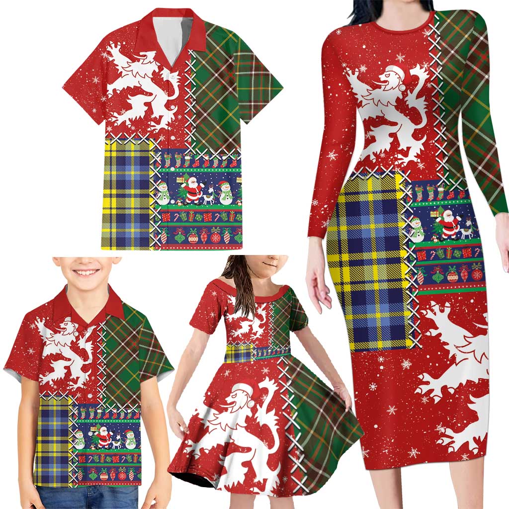 Scottish Christmas Family Matching Long Sleeve Bodycon Dress and Hawaiian Shirt Scotland Lion and Xmas Elements Patch Style - Wonder Print Shop