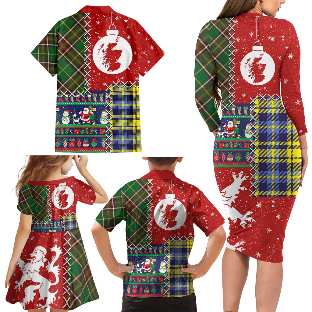 Scottish Christmas Family Matching Long Sleeve Bodycon Dress and Hawaiian Shirt Scotland Lion and Xmas Elements Patch Style - Wonder Print Shop