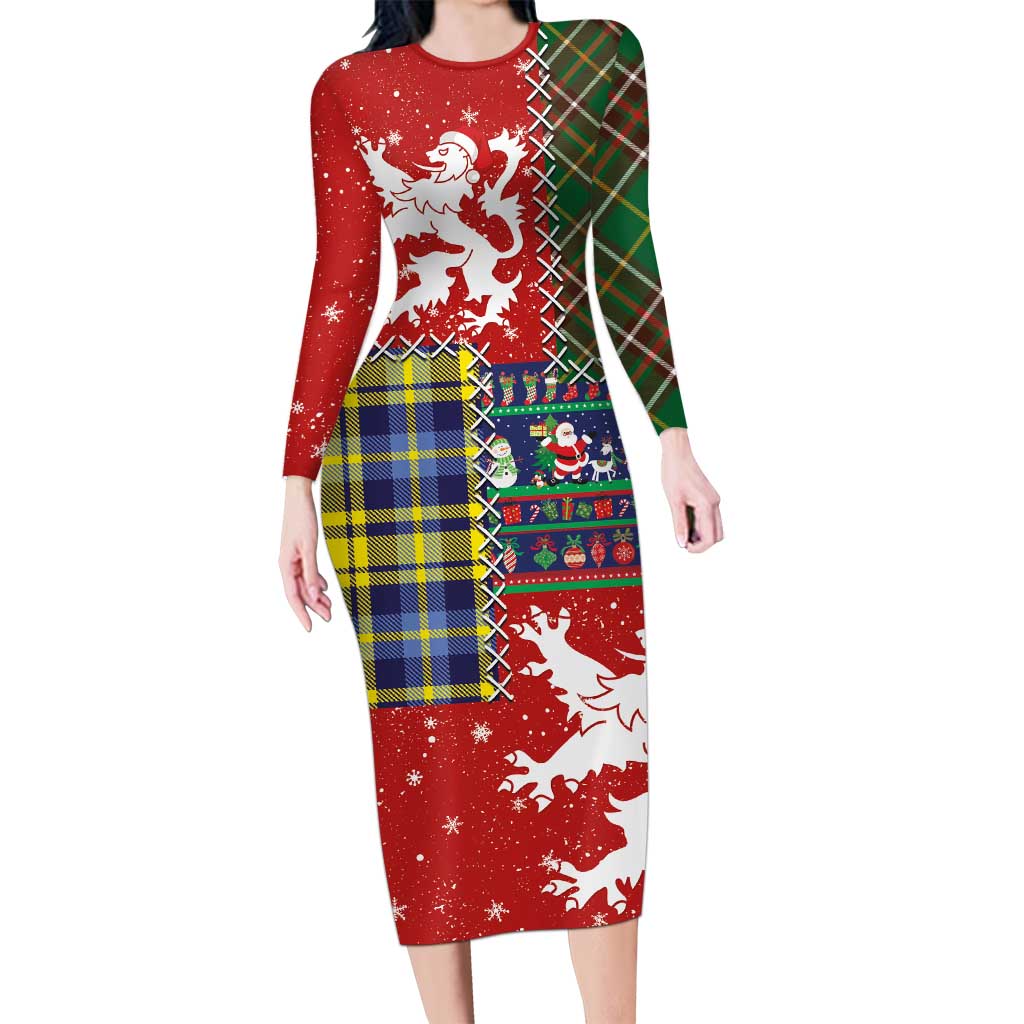 Scottish Christmas Family Matching Long Sleeve Bodycon Dress and Hawaiian Shirt Scotland Lion and Xmas Elements Patch Style - Wonder Print Shop