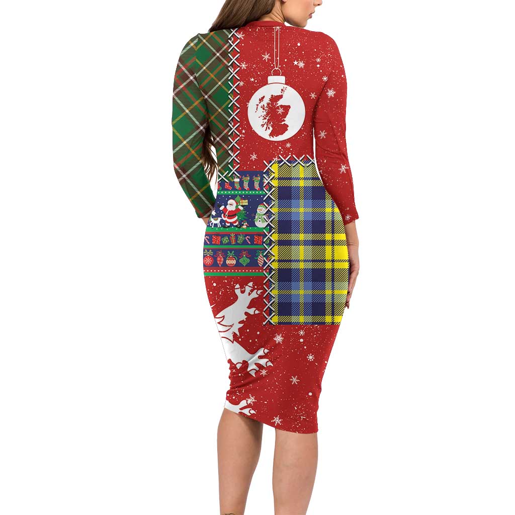 Scottish Christmas Family Matching Long Sleeve Bodycon Dress and Hawaiian Shirt Scotland Lion and Xmas Elements Patch Style - Wonder Print Shop