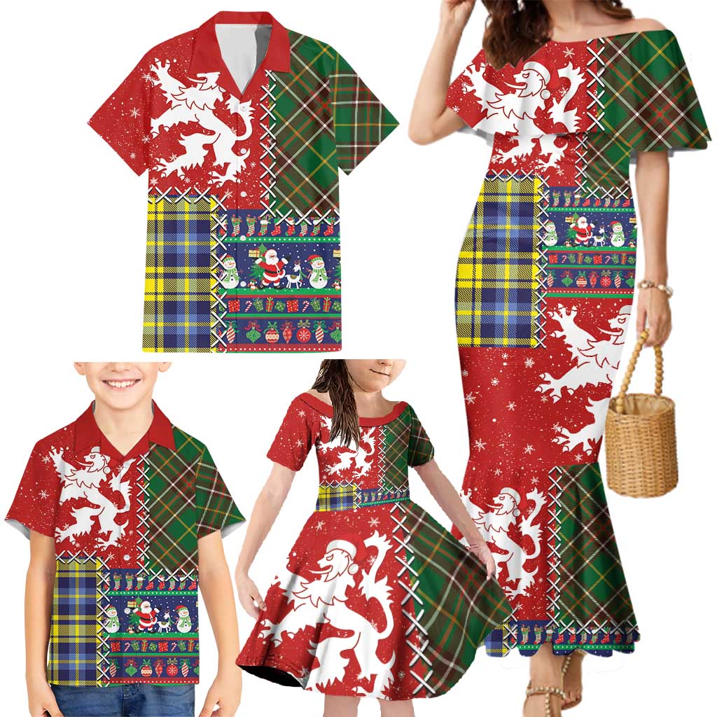Scottish Christmas Family Matching Mermaid Dress and Hawaiian Shirt Scotland Lion and Xmas Elements Patch Style - Wonder Print Shop