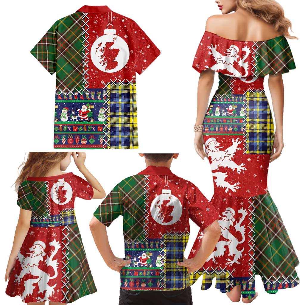 Scottish Christmas Family Matching Mermaid Dress and Hawaiian Shirt Scotland Lion and Xmas Elements Patch Style - Wonder Print Shop