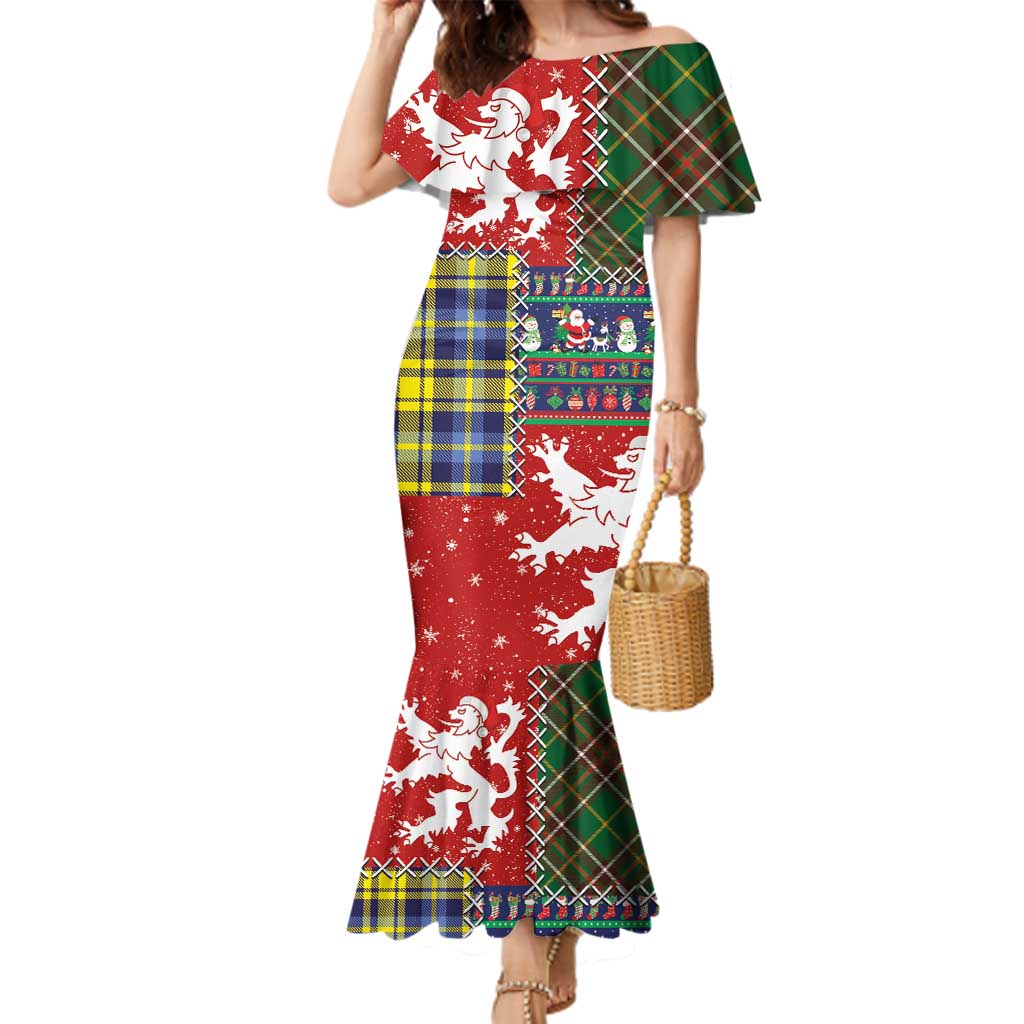 Scottish Christmas Family Matching Mermaid Dress and Hawaiian Shirt Scotland Lion and Xmas Elements Patch Style - Wonder Print Shop