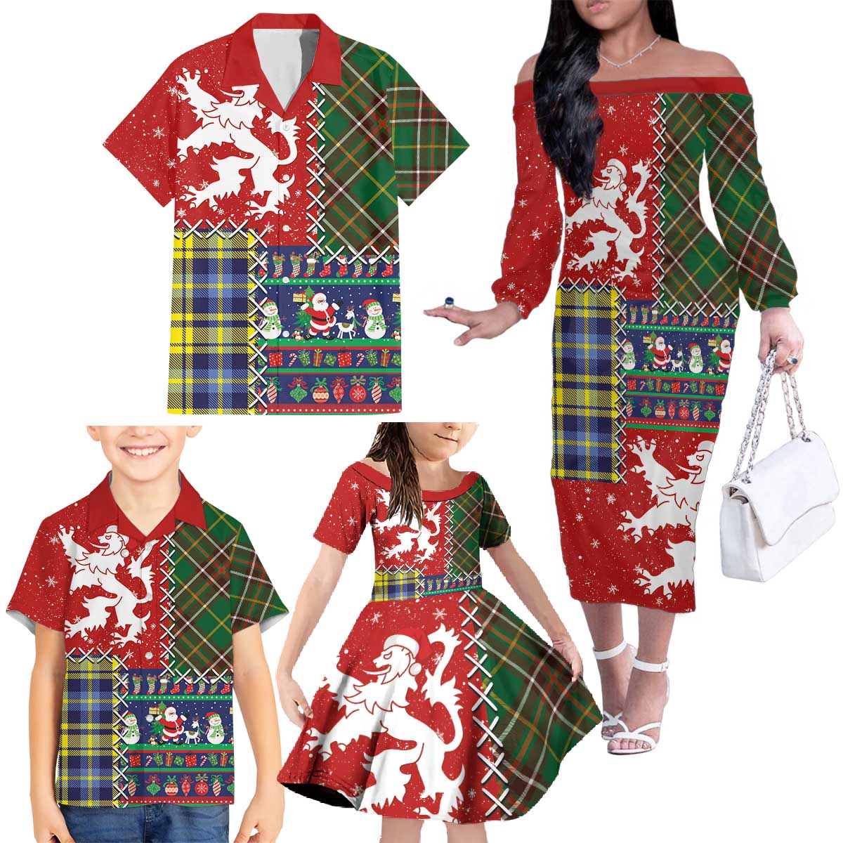 Scottish Christmas Family Matching Off The Shoulder Long Sleeve Dress and Hawaiian Shirt Scotland Lion and Xmas Elements Patch Style - Wonder Print Shop