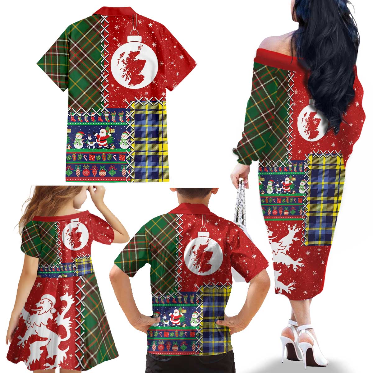 Scottish Christmas Family Matching Off The Shoulder Long Sleeve Dress and Hawaiian Shirt Scotland Lion and Xmas Elements Patch Style - Wonder Print Shop