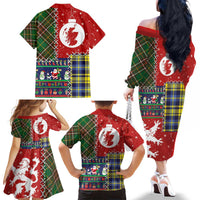 Scottish Christmas Family Matching Off The Shoulder Long Sleeve Dress and Hawaiian Shirt Scotland Lion and Xmas Elements Patch Style - Wonder Print Shop