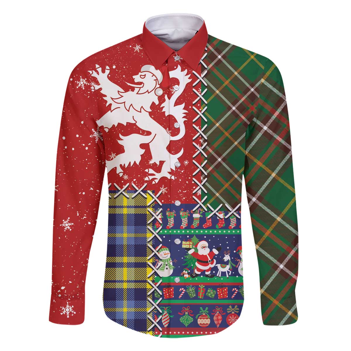 Scottish Christmas Family Matching Off The Shoulder Long Sleeve Dress and Hawaiian Shirt Scotland Lion and Xmas Elements Patch Style - Wonder Print Shop