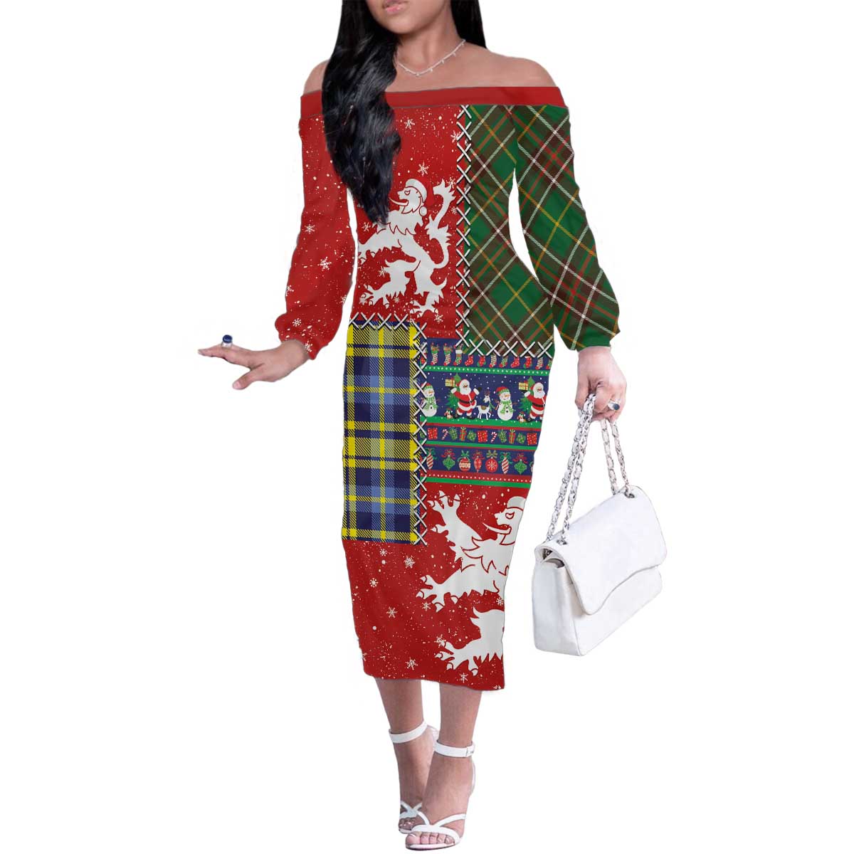 Scottish Christmas Family Matching Off The Shoulder Long Sleeve Dress and Hawaiian Shirt Scotland Lion and Xmas Elements Patch Style - Wonder Print Shop