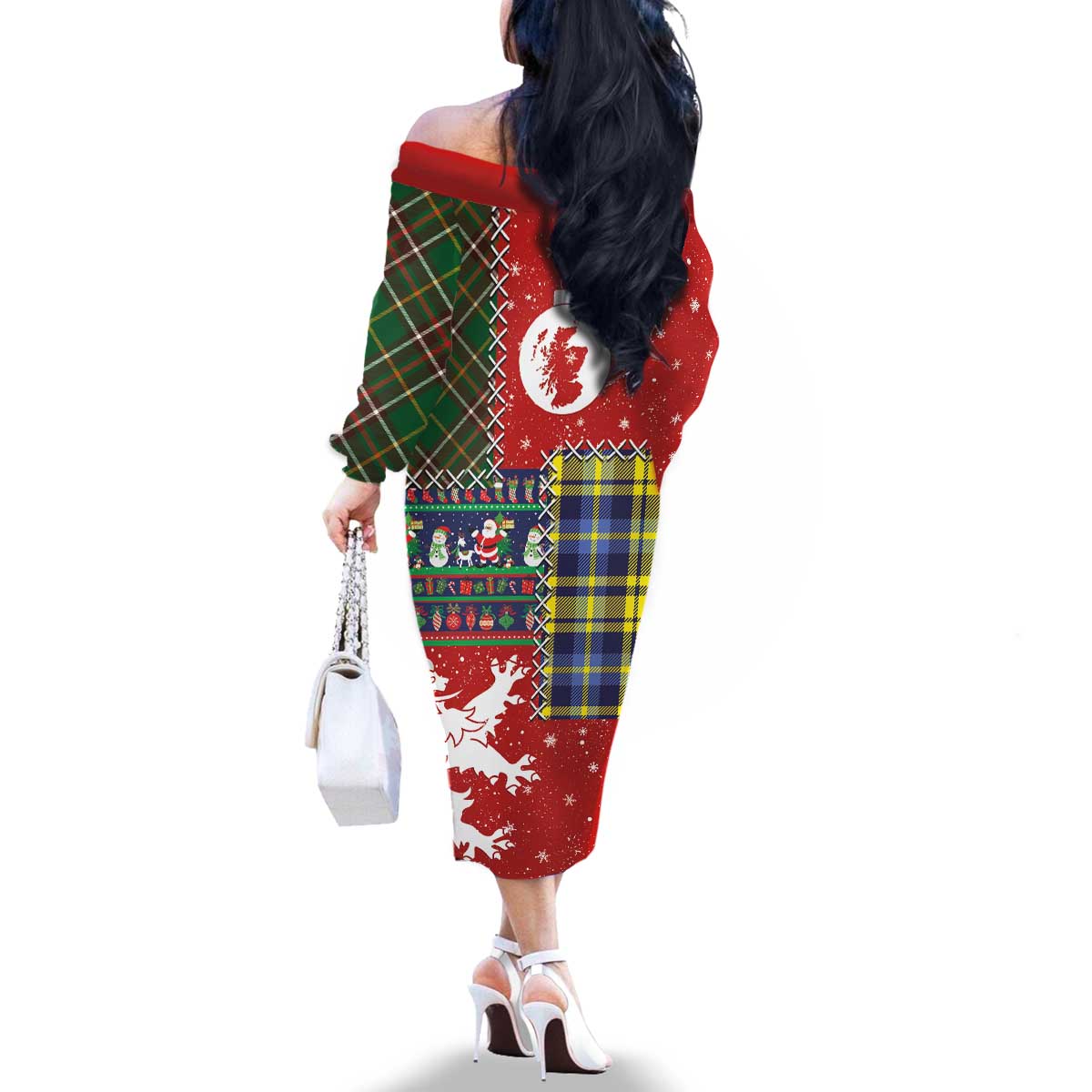 Scottish Christmas Family Matching Off The Shoulder Long Sleeve Dress and Hawaiian Shirt Scotland Lion and Xmas Elements Patch Style - Wonder Print Shop