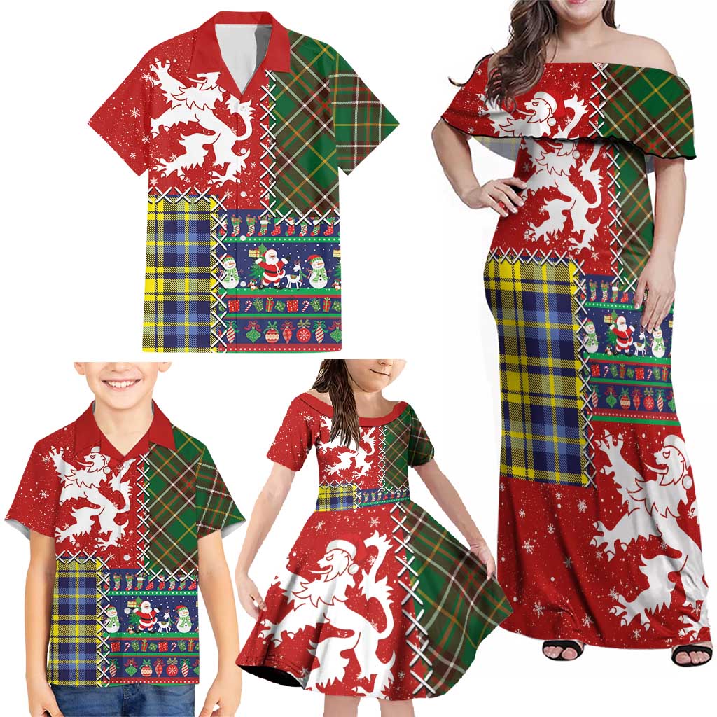 Scottish Christmas Family Matching Off Shoulder Maxi Dress and Hawaiian Shirt Scotland Lion and Xmas Elements Patch Style - Wonder Print Shop